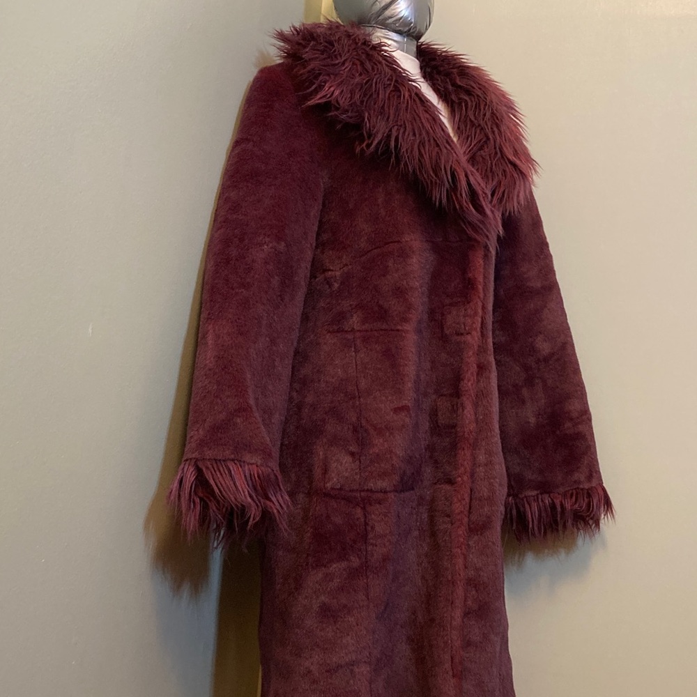 Long Reversible Teddy Coat in Burgundy with Faux Fur Trim - Picture 3 of 14